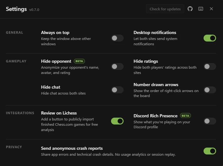 Chess Desktop settings for hiding opponents, ratings and chat, numbered arrows, Lichess review, and Discord Rich Presence