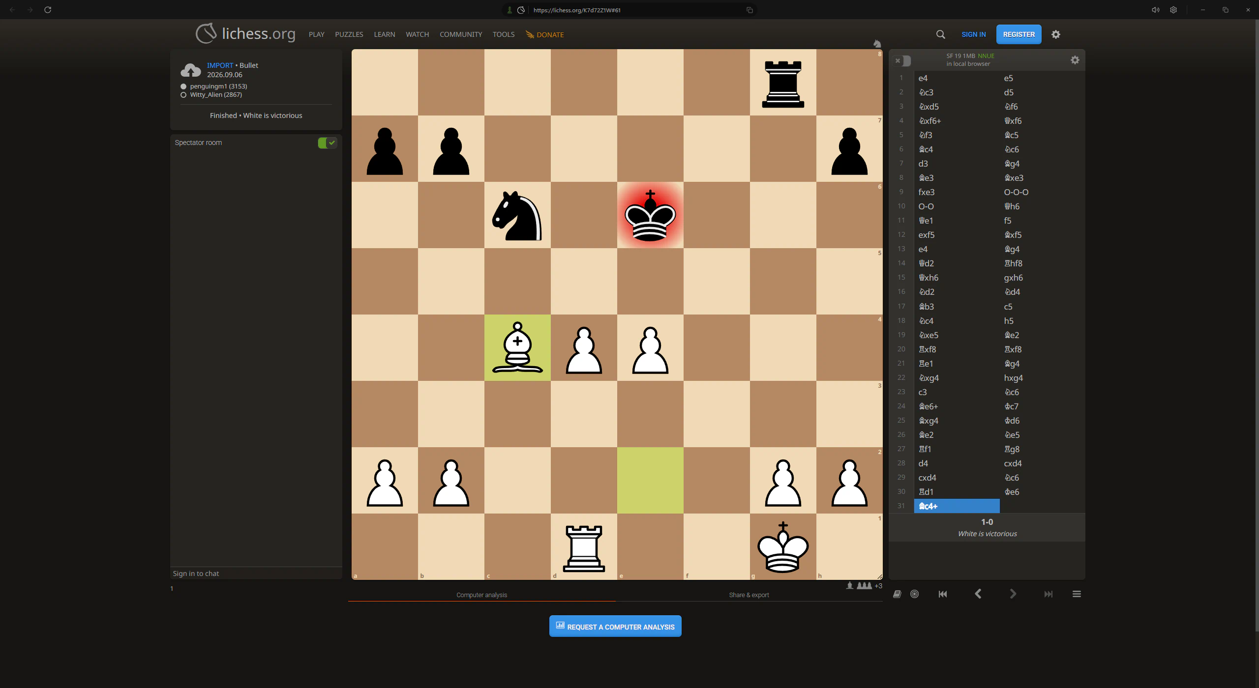 An imported Chess.com game on Lichess, showing the final position, move list, and computer analysis button